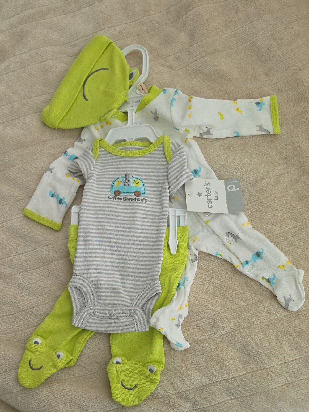 Carter's Gray Stripe Bodysuit with Lime Green Frog Footies & Hat